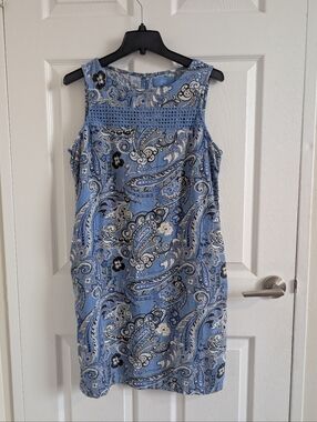 Blue Paisley Linen Blend Shift Dress Boho Crochet Pocket Coastal Grandmother 6